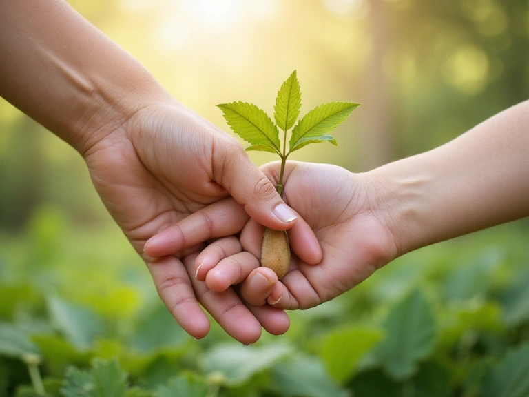 Due mani, una di un adulto e una di un bambino, si tengono delicatamente simboleggiando supporto, crescita e cura, con uno sfondo sfocato di natura verde.