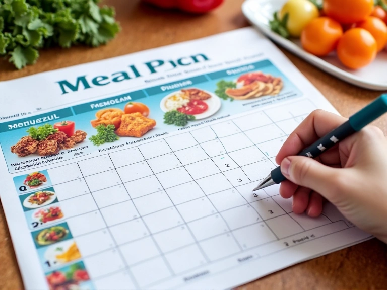 Un piano alimentare ben organizzato con sezioni per colazione, pranzo, cena e spuntini, visualizzante ingredienti freschi e piatti colorati. Accanto, una mano che scrive note su un quaderno, suggerendo personalizzazione.